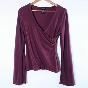 Vintage Express Womens Burgundy Bell Sleeve Wrap Blouse Size Small Y2K Career